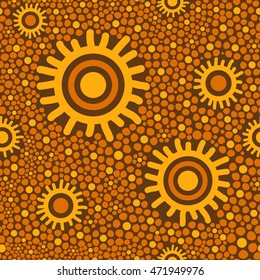 Australian tribes dot pattern vector seamless with primitive sun. Aborigine art decoration. Tribal baby print for fabric, surface design, wrapping paper or card template.