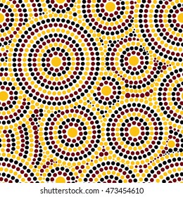 Australian tribes dot pattern vector seamless. Aboriginal art print with concentric circles. Tribal ornament for fabric, surface design, wrapping paper or template.