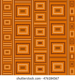 Australian tribes dot pattern vector seamless with lines and squares. Aborigine dotted art print on orange background. Tribal ornament for fabric, surface design, wrapping paper or template.