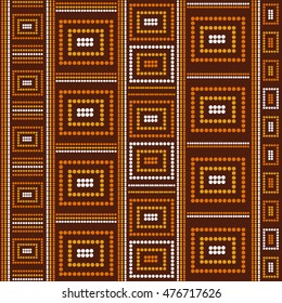 Australian tribes pattern vector seamless with lines and squares. Aborigine dot art print on brown background. Tribal ornament for fabric, surface design, wrapping paper or template.