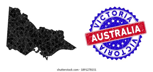 Australian Victoria map polygonal mesh with filled triangles, and unclean bicolor stamp seal. Triangle mosaic Australian Victoria map with mesh vector model, triangles have variable sizes,