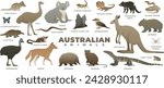 Australian wild animal set. Including kangaroo, koala, quokka, tasmanian devil, dingo. Vector illustration of wildlife. Animals of Australia isolated on white background.