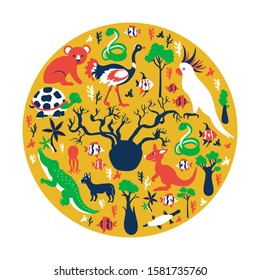 Australian wild animals, colorful trees, vector cartoon illustration, round frame, travel background with mammal koala, kakadu, snake, kangaroo, crocodile, fish, decorative texture for design zoo