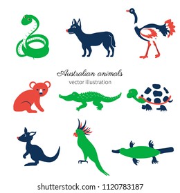 Australian wild animals, colorful vector cartoon illustration, decorative mammal set koala bear, kakadu, green snake, kangaroo, dog dingo, crocodile, for design zoo alphabet, invitation, greeting card