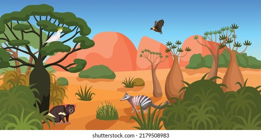 Australian Wildlife Landscape With Animals And Birds Among Tropical Trees And Plants Flat Vector Illustration