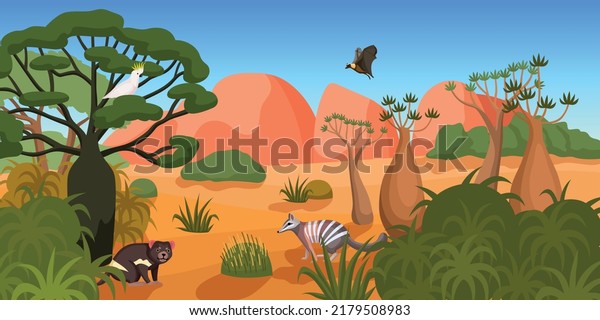 Australian wildlife\
landscape with animals and birds among tropical trees and plants\
flat vector\
illustration