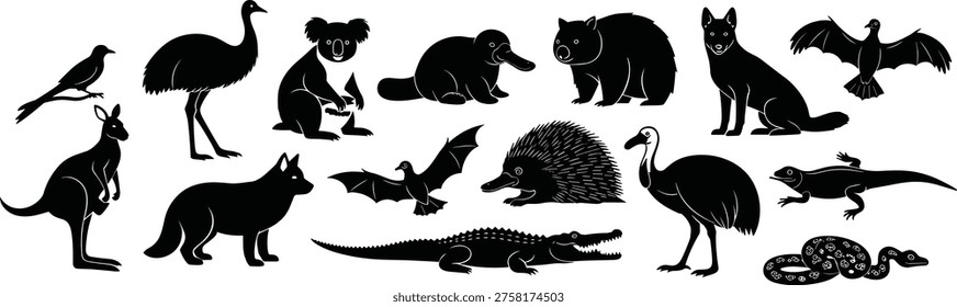 Australian Wildlife Silhouette Vector Set Featuring Kangaroo Koala Emu Platypus Wombat Dingo Crocodile And Iconic Outback Animals For Nature Graphic Design