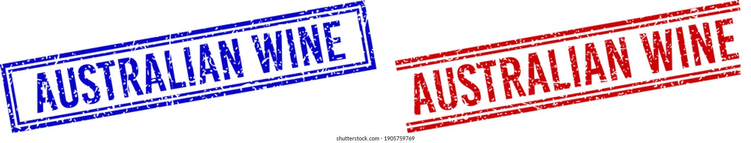 AUSTRALIAN WINE seal watermarks with grunge style. Vectors designed with double lines, in blue and red variants. Word placed inside double rectangle frame and parallel lines.