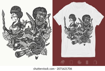 Australian woman and man in traditional costume. T-shirt design. Creative print for clothes. Template for posters, textiles, apparels. Ethnic aboriginal tribes bushmen. Old school tattoo vector art 