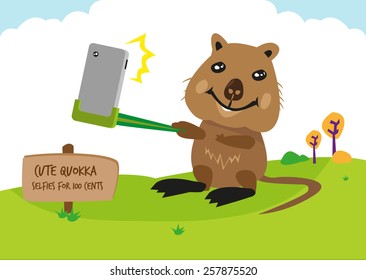 Australia's Quokka, a mammal that seems to smile, takes a selfie photo. It has become an internet meme as tourists love to take selfie shots with this adorable animal. Editable Vector Illustration. 