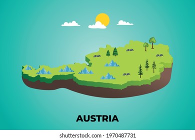 Austria 3d isometric map with topographic details mountains, trees and soil vector illustration design