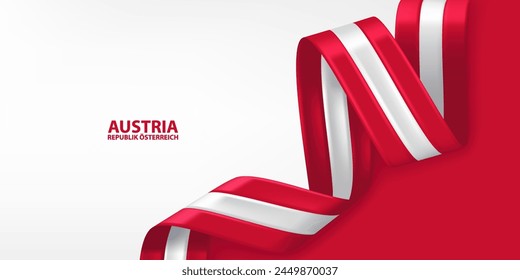 Austria 3D ribbon flag. Bent waving ribbon in colors of the Austria national flag. National flag background design.