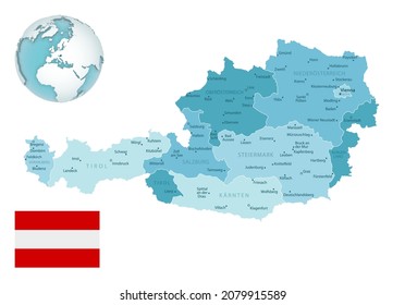 Austria administrative blue-green map with country flag and location on a globe. Vector illustration