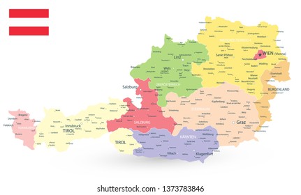 Austria Administrative Map - Detailed map of Austria vector illustration - All elements are separated in editable layers clearly labeled.