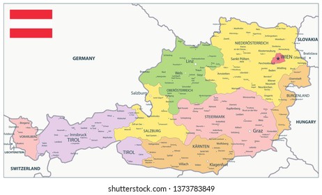 Austria Administrative Map - Detailed map of Austria vector illustration - All elements are separated in editable layers clearly labeled.