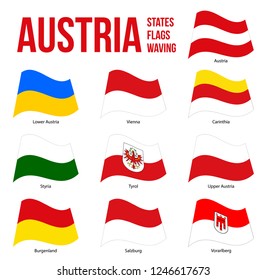 Austria All States Flags Waving Vector Illustration on White Background. All States of Austria.