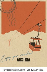 Austria Attraction Postcard, Skigebiet Aerial Tramway Illustration, Vector Template Retro Style Grußkarte mit Handschrift Wunsch. Postaufdruck, gereifte Papierstruktur