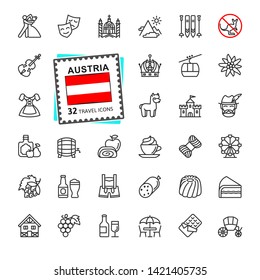 Austria, Austria, Tyrolean - juego de iconos de línea delgada mínimo. Colección de iconos de esquema. Turismo de Viajes Mundiales. Simple ilustración vectorial.