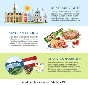 Austria background with traditional symbols food and architecture info banners horizontal
state symbols