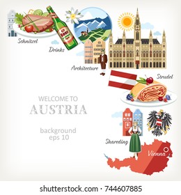 Austria background with traditional symbols food and architecture