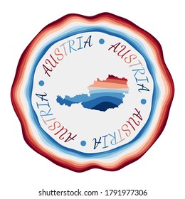 Austria badge. Map of the country with beautiful geometric waves and vibrant red-blue frame. Vivid round Austria logo. Vector illustration.