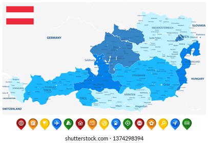 Austria Blue Map and Colored Map Icons - Detailed map of Austria vector illustration - All elements are separated in editable layers clearly labeled.