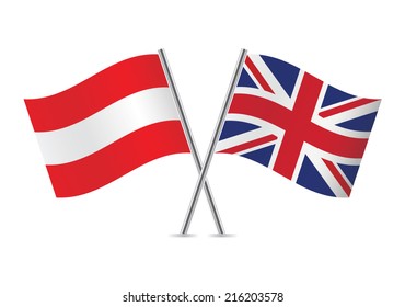 Austria and Britain crossed flags. Austrian and British flags, isolated on white background. Vector icon set. Vector illustration.