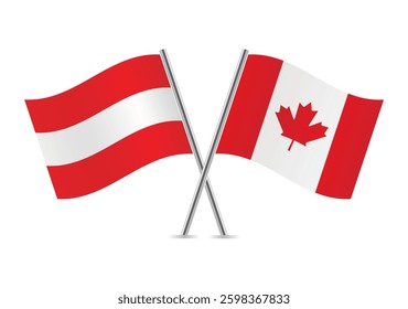 Austria and Canada crossed flags. Austrian and Canadian flags on a white background. Vector icon set. Vector illustration.