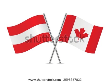 Austria and Canada crossed flags. Austrian and Canadian flags on a white background. Vector icon set. Vector illustration.