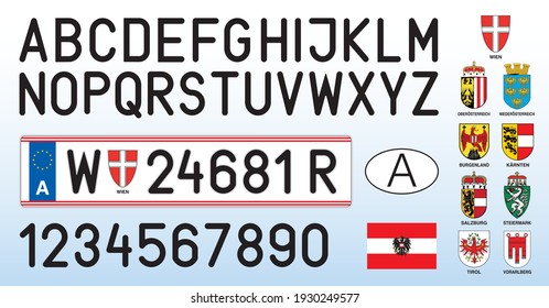 Austria car license plate, letters, numbers and symbols, vector illustration, European Union