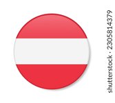 Austria circle button icon. Austrian round badge flag with shadow. 3D realistic vector illustration isolated on white.
