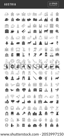 Austria. Collection of perfectly simple monochrome icons for web design, app, and the most modern projects. Universal pack of classical signs for category Cities and Countries.