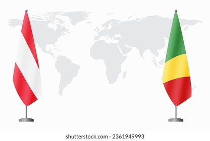 Austria and Congo Brazzaville flags for official meeting against background of world map.