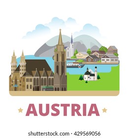 Austria country badge fridge magnet design template. Flat cartoon style web site vector illustration. World vacation travel sightseeing Europe European collection. Stephansdom Hallstatt Lake Seefeld.