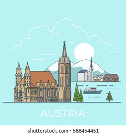 Austria country design template. Linear Flat famous historic sight; cartoon style web site vector illustration. World travel and showplace in Europe, European vacation collection