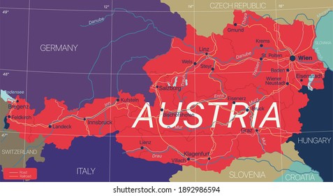 Austria country detailed editable map with cities and towns, roads and railways. Vector EPS-10 file