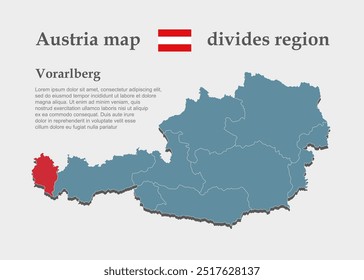 Austria country - high detailed illustration map divided on regions. Blank Austria map isolated on background. Vector template Vorarlberg province for website, pattern, infographic, education