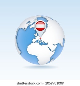 Austria - country map and flag located on globe, world map. 3D Vector illustration