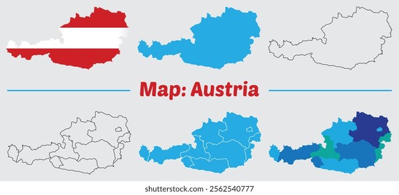 Austria country map set. internal provinces borders marked, Simple map of Austria vector drawing, Filled and outline.