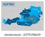 Austria country political map. Europe. Detailed vector illustration with isolated provinces, departments, regions, cities and states easy to ungroup.