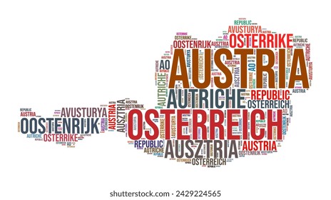 Austria country shape word cloud. Typography style country illustration. Austria image in text cloud style. Vector illustration.