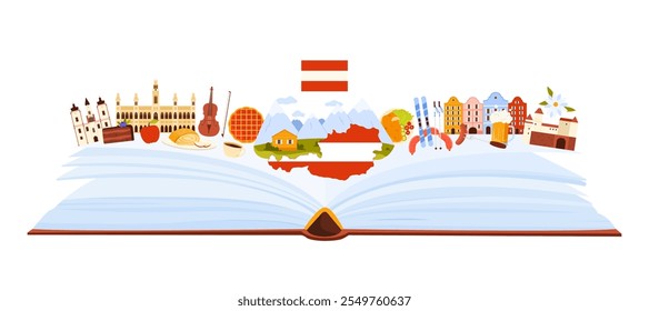 Austria culture elements and nature of Alps, landmarks and language study in infographic collage banner. Open big book and Alpine village, houses and castles, food and beer cartoon vector illustration