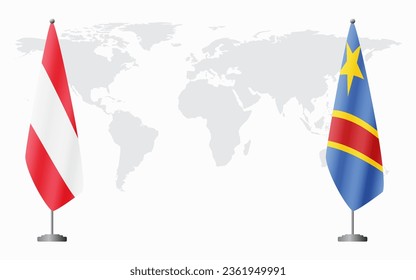 Austria and Democratic Republic of Congo flags for official meeting against background of world map.