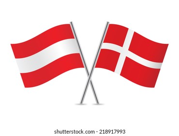 Austria and Denmark crossed flags. Austrian and Danish flags on white background. Vector icon set. Vector illustration.