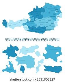 Austria - detailed map of the country in blue colors, divided into regions. Infographic icons. Vector illustration.