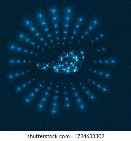 Austria digital map. Glowing rays radiating from the country. Network connections and telecommunication design. Vector illustration.