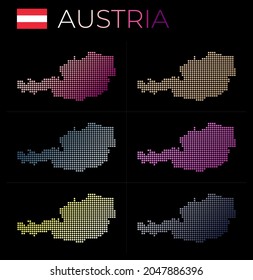 Conjunto de mapas de puntos de Austria. Mapa de Austria en estilo punteado. Las fronteras del país están llenas de hermosos círculos de gradientes lisos. Magnífica ilustración vectorial.