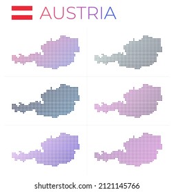 Conjunto de mapas de puntos de Austria. Mapa de Austria en estilo punteado. Las fronteras del país están llenas de hermosos círculos de gradientes lisos. Ilustración vectorial con estilo.