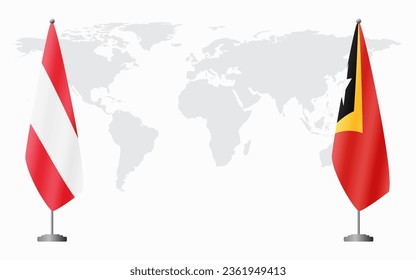 Austria and East Timor flags for official meeting against background of world map.