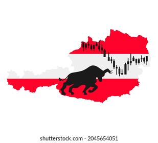 Gráfico económico austríaco vectorial ilustración con bandera de Austria y organigrama, gráfico de barras número de acciones mercado en alza, gráfico de línea ascendente simboliza el crecimiento en alza